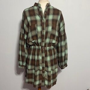 DAVI & DANI Mint and Brown Plaid Button-Front Dress